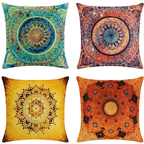 tronisky 4er Set Dekorativ Kissenbezug Kissenhülle, Indische Hippie Böhmischen Mandala Blume Muster Dekokissen Kissenbezüge aus Baumwolle Leinen Kissen Fall für Sofa Home Dekor, 45x45 cm