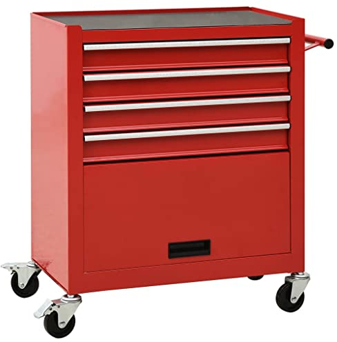 vidaXL Steel Tool Trolley with 4 Drawers and Large Compartment - Mobile Workshop Storage for Garage or Shed - Red Tool Cabinet with Brakes and Side Handle