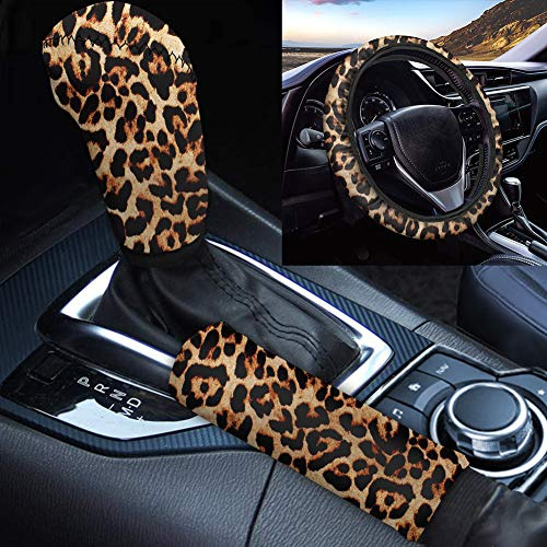 Binienty Stretch-on Lenkradbezüge + Schaltknauf Handbremsabdeckung Tier Leopard Gepard Streifen Muster 3er Set Auto Zubehör