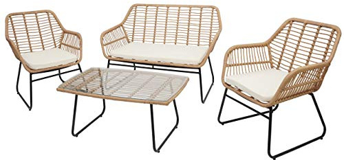 Mendler Polyrattan Garnitur HWC-G17a, Garten Sofa Set Sitzgruppe Stuhl, Seil - naturfarben, Polster Creme ohne Dekokissen