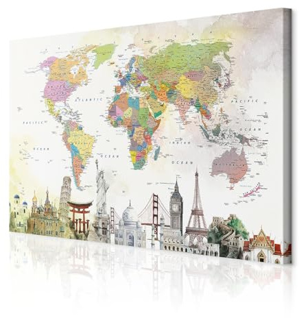 decomonkey Akustikbild Weltkarte 90x60 cm 1 Teilig Leinwand Modern Bilder | Wandbilder XXL, Schallschlucker, Schallschutz, Akustikdämmung, Wandbild, Deko, Leise, Abstrakt, Welt, Architektur