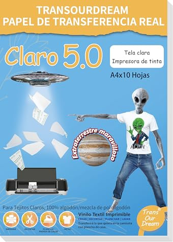 TransOurDream Carta di trasferimento per stampanti a getto d'inchiostro,carta termoadesiva per tessuti chiari,non stampa a specchio, fogli DIN A4X10, carta per magliette chiare (I-2-5.0-10)