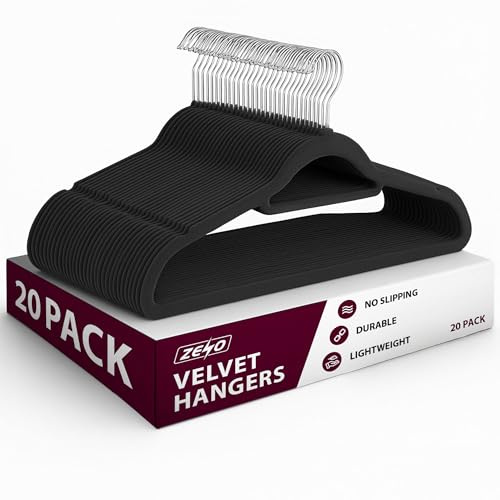 ZENO Velvet Hangers 20 Pack | Hangers for Clothes with 360° Swivel Hooks, Non Slip Velvet, Trouser Bar, Notches & Tie Organisers | Space Saving Clothes Hanger | 44.5CM Long | Black