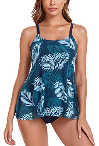FLYILY uppsättning mesh tankini badkläder för dam,bikini med hög midja i 2 delar, baddräkt i plusstorlek., Löv, L