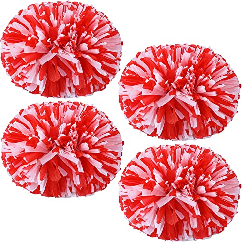 PUZINE Cheerleading-Pompons, Metallic-Cheer-Pompons mit Trainings-Taktstock-Griff für Team-Sport, Spirit, Squad, Bulk, Cheerleader, Rot und Weiß, 4 Stück