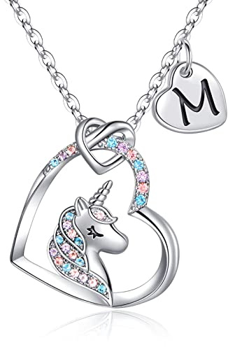 TingN Regalo para Niñas: Collar de Unicornio, Chapado en Oro Blanco 14K CZ Corazón Colgante - Joyería Inicial para Mujer