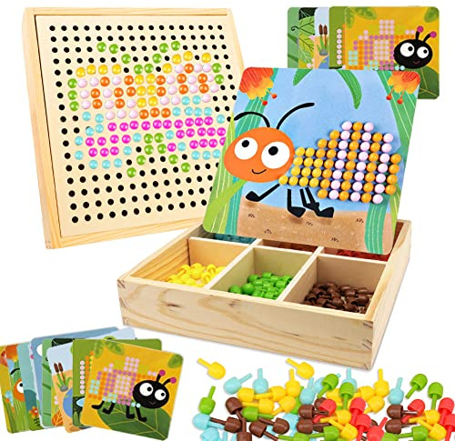 Gohytal Mosaik Steckspiel für Kinder, Spielzeug ab 2 3 4 5 Jahre Holz Mosaik Bastelset Kinder Pegboard Gabelungen mit Steckperlen&Karten Montessori Steckspiel 3D Geschenke für Jungen Mädchen,Garten