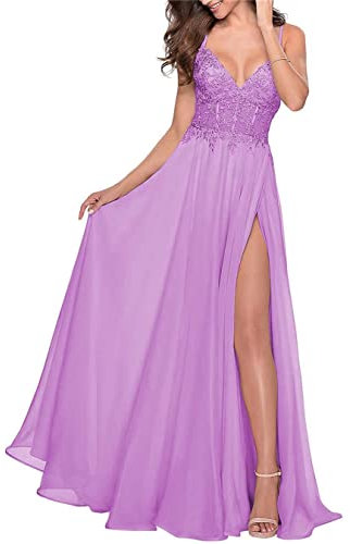 Vestido largo de gasa para dama de honor, con apliques de encaje, vestido de noche formal con abertura para mujer, Lila, 58