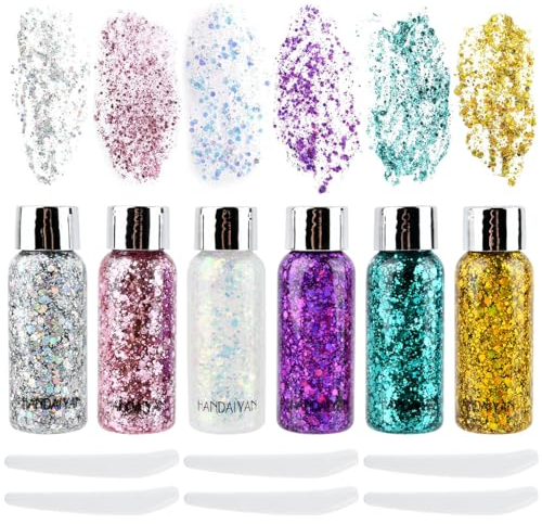 ANNTIM 6 Bottle Body Gel Glitter Schminke, Festival Glitzer Gesicht Glitzer Haare, Fasching Glitzer Schminke, Body Gel Glitzer für Weihnachten Festival Masquerade Birthday Makeup