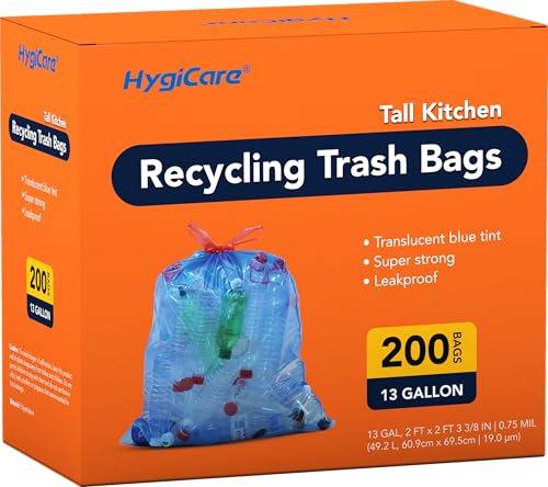 HygiCare Bolsas de basura de reciclaje de 13 galones, sin perfume, 200 bolsas de basura altas con cordón, preseparadas, ultra fuertes, a prueba de fugas, resistentes, color azul translúcido