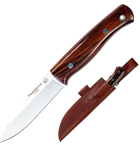 J&V Cuchillo de Hoja Fija para Bushcraft, Campo, Caza, Pesca, Supervivencia y Outdoor, Hoja 10,5 cm, Funda de Piel, Hecho en España