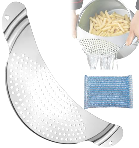 Rierousy Colador de pasta de acero inoxidable para ollas semicircular, ayuda para verter ollas, longitud y anchura 33 x 13,5 cm, colador para ollas