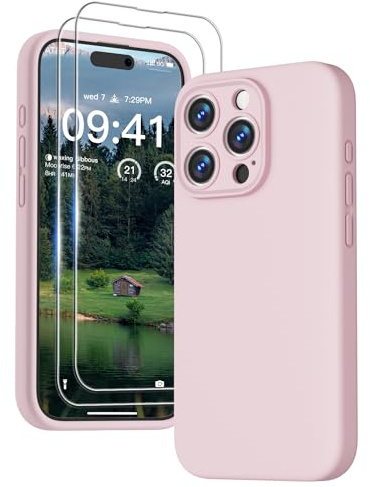 GOODVISH 3 in 1 Silicone Cover per iPhone 15 Pro Max 6.7 (2023), Custodia con 2 Pellicola Protettiva, Case per Cellulare Ultra Sottile Antiurto Resistente [Protezione Fotocamera], Rosa Sabbia