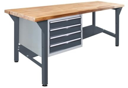 Steinbock Werkbank 4 Schubladen | 150x85x75 cm | 500 kg | Grau | 500 kg Tragkraft | 5 cm geölte Massivholz-Arbeitsplatte aus Buche | stabiles Stahlgestell | Werktisch | Made in EU