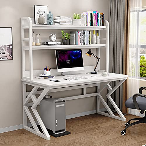 LAMEDOAT Computertisch mit Ablageflächen und Bücherregal, moderner, einfacher Schreibtisch mit stabilem Metallrahmen, multifunktionaler Computertisch, Studentenschreibtisch (31 Zoll, weiß)