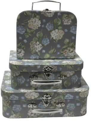 Trendi Set of 3 Decorative Storage Boxes with Lids Paperboard Suitcases, Cardboard Gift Box Memento Case Box Photo Storage Boxes Home Decoration, Vintage Suitcases (Grey Flower)