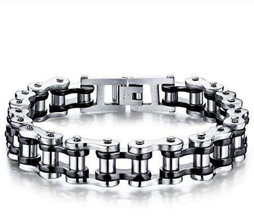 JewelryWe Schmuck Herren Armband, Schwer Biker Link Fahrradkette Armkette, Edelstahl, Silber Schwarz Gold