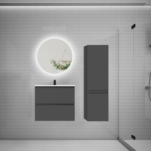 AICA Ensemble Meuble Salle de Bain avec Vasque 60cm + Colonne et Miroir | Meuble Lavabo Salle de Bain avec Simple Vasque Céramique,Miroir Rond Luminosité LED 60cm,Anti-Buée + Mémoire,Anthracite