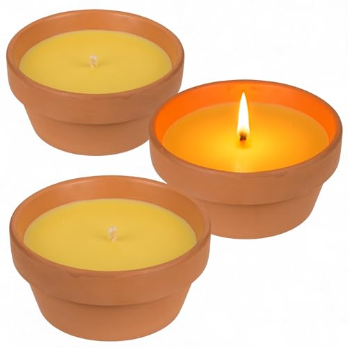 MIJOMA Juego de 3 velas de citronela en cuenco de terracota, velas aromáticas para exteriores con aceite de citronela, perfectas para jardín, camping, barbacoas y picnics, tiempo de combustión 25-30