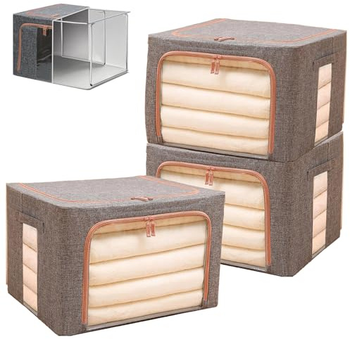 66L Clothes Storage Boxes,Stackable Cube Wardrobe Storage Organiser,Collapsible Storage With Metal Frame,Storage Bags With Zips Clear Window & Carry Handles For Blankets,Bedding,Comforters(Grey-3PCS)