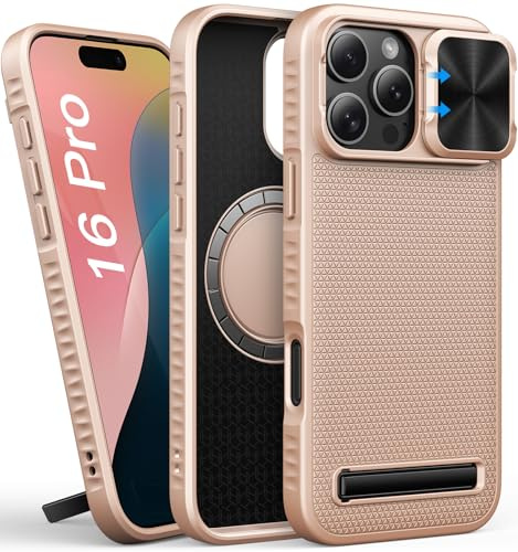 SIXBOX for iPhone 16 Pro Case with Kickstand, Slide Lens Cover, Thin Fit, Compatible with MagSafe, Military-Grade Drop & Camera Protection, Hard Magnetic Women Phone Case for iPhone16 Pro, Rose Gold