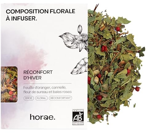 Horae - Infusion Réconfort d'Hiver Bio en vrac - Tisane bio de feuilles d'oranger, cannelle, fleurs de sureau, thym, gingembre et baies roses - Tisane d'herboristes produite en France