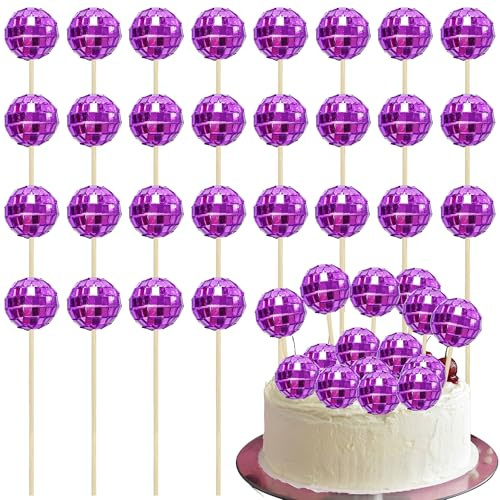 Ephlyn 24Pcs Mini Disco Ball Cupcake Toppers - Disco Theme Cake Decorations for 70s Party - Purple