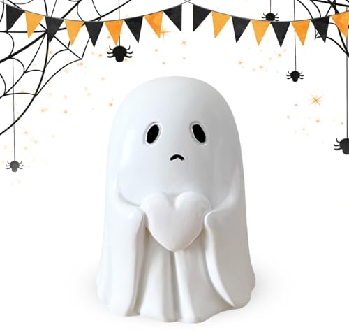 XQMMGO Cute Geist Statue, Weißes Herz Geist Figuren, Gruselige Geisterstatue aus Kunstharz, Halloween-Statue Desktop Ornamente, Halloween Deko Outdoor Indoor (Trauriger Geist)
