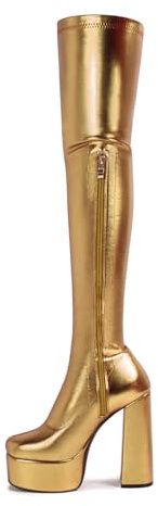 HIKKWXVN Overknee-Stiefel für Damen mit seitlichem Reißverschluss und dickem Absatz, Overknee-Stiefel aus elastischem PU-Leder mit Plateausohle, hohe Winterstiefel,Gold,41 EU
