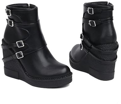 LMUIPMAA Damen Keilabsatz Plateau Stiefeletten Reißverschluss Kurzschaft Herbst Winter Schuhe,Black pu Leather,44 EU