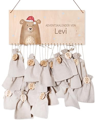 wunderwunsch® - Personalisierter Adventskalender zum selber befüllen - mit kinderfreundlichem Druck auf Holz - mit Juteschnur Jutesäckchen und Holzzahlen