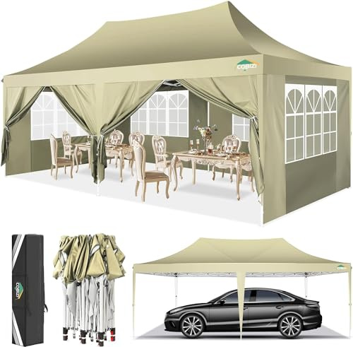 COBIZI Pavillon 3x6, Faltpavillon 3x6 Wasserdicht Stabil Winterfest, Sofort aufklappbare Vordächer Outdoor Gartenzelt mit 6 Seitenteilen, für Party Garten Festival, Khaki