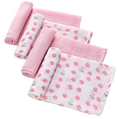 LAT Set 4 Pezzi Mussole Cotone per Neonato, 70x70cm Panni in Mussola per Neonato, Morbido e Traspirante Teli in Mussola Copertina Cotone per Neonati (Rosa+Coniglio)
