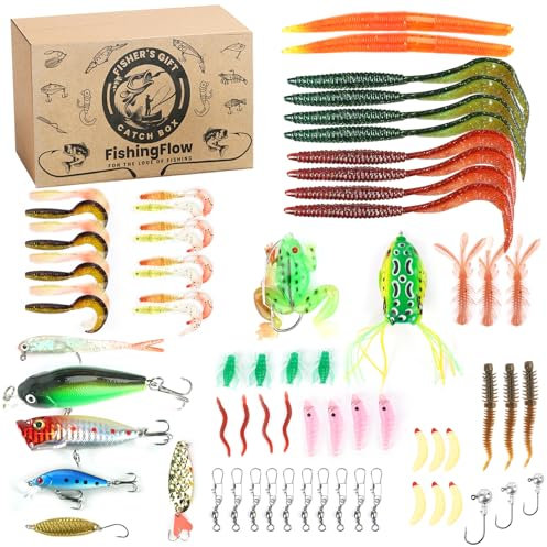 71 PCS Angelzubehör Angelköder Set, Angelset Angelhaken Köderbox Angeln, Angelköder für Süß- und Salzwasser, Kunstköder Gummiköder Jigs Head mit Barsch Köder Forellenköder, Angelgeschenke für Männer