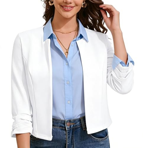 Hobrounn Blazer pour femme - Manches 3/4 - Élégant et décontracté - Blazer court - Veste festive, Blanc., L