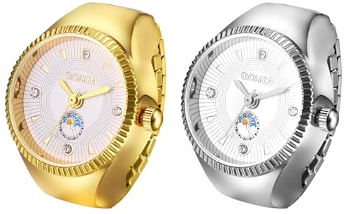 JewelryWe Fingerklocka elastisk ringklocka dam: uppsättning av 2 analog kvarts fingerringsklocka rostfritt stål stretchband klocka ring unisex med dragsko och fasetterad infattning, A52206-guld;