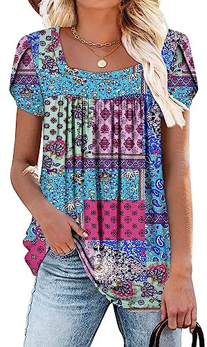 CHICZONE Women Petal Short Sleeve Blouses Square Neck Shirt Tunic Tops for Leggings