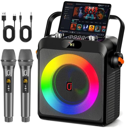 Karaoke Machine with 2 Wireless Microphones for Adults, Bluetooth 5.3 Speaker with Upgraded Subwoofer, Bass Boost | Home Party PA System, Outdoor Gatherings, Support TV/AUX/USB/TF Card/Live