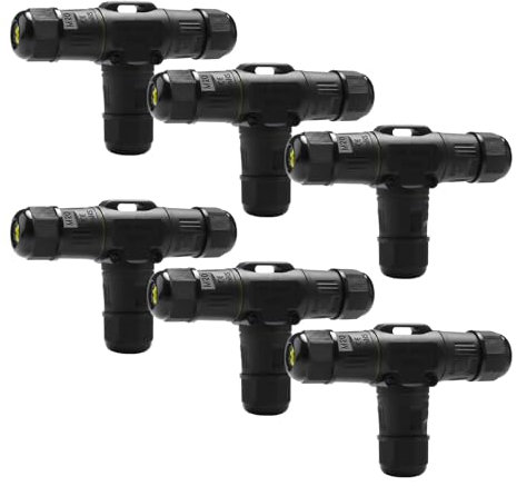 Moorstdel 6 Pieces T-Shape 3 Way Waterproof Outdoor Cable Connectors, IP68 Waterproof Junction Box, Use for Outdoor Billboards,Road Landscape Lights, for Cable Diameter 9-12mm