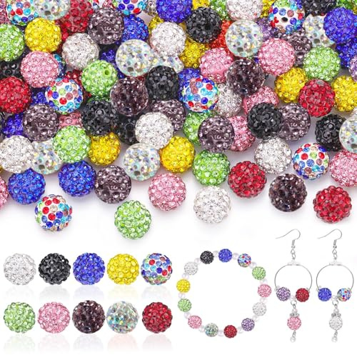 Wekuw 100 Pcs Mezclado Pave Bolas | para Enhebrar, para Fabricación de Joyas de Bricolaje, Discoteca, 10mm, Cuentas, Arcilla, Diamantes, Imitación,Perlas