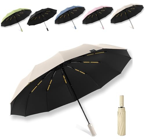 Yanrunce Paraguas Plegable Automático, Paraguas automático de bolsillo, resistente al viento y a la lluvia, paraguas compacto de viaje de 24 bandas, diseño ultraportátil para llevar (Beige)