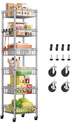 Wooruy Standregal Drahtregal 6 Ebenen, Körbe, Rollen, verstellbar, Silber | Geräumiges Metallregal mit verstellbaren Körben und Rollen, ideal für Küche, Bad, Speisekammer und Waschküche