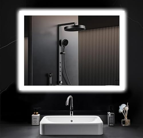 PESENXAN Badezimmerspiegel mit Beleuchtung 80x60, LED Bad Spiegel mit Licht, Antibeschlag, 2 Lichtfarben, 3000K / 6500K, Druckknopfschalter, Explosionsgeschütztes Glas, LED Spiegel Bad