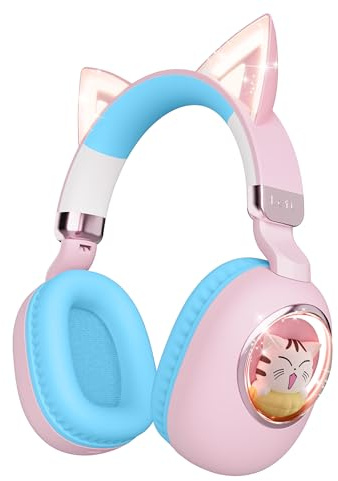 sunvito Casque Bluetooth léger pour Enfants - Oreilles de Chat - Pliable - avec lumières LED - Modes sans Fil et filaires - Idéal pour l'école, Les Voyages, la Tablette et PC (Rose-Bleu)