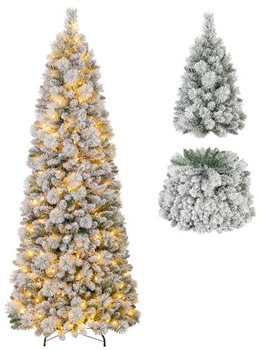 COSTWAY 6FT/7FT Pop up Artificial Christmas Tree, Pre-Lit Snow Flocked Xmas Tree with 517/680 PVC Tips & Pine Needles and 170/200 Warm White LED Lights, Seasonal Home Office Holiday Decor (210 cm)