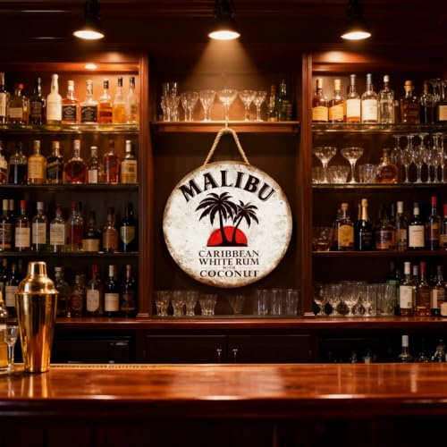 Bar Sign, Home Bar, Man Cave, Malibu Coconut Rum Themed Wooden Hanging Plaque, Circular 20cm Decor with Rope for Garden or Tiki Bar