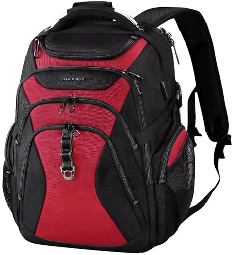 KROSER Laptop Rucksack Herren 18.4 Zoll Reise XXL BusinessRucksack Schwerlast Wasserdicht mit Hartgeschältem Sicherheitsraum Ladeanschluss RFID Tasche für Männer/Frauen-Schwarz Rot