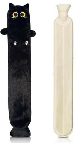 Borsa 'acqua Calda Lunga a Forma Di Gatto,2l Borsa Dell'acqua Calda Peluche Con Coperchio,75 Cm Borsa Dell'acqua Gomma Premium,Boule Acqua Calda per Collo E Spalle,Schiena Gambe E Vita (Nero)