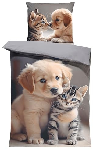 one-home Winter Biber Bettwäsche Baumwolle Kuschelig Flauschig Warme Weiche Flanell Bettbezüge Modern, Größe:2 teilig 135x200 cm, Farbe:Hunde Katzen Welpen grau