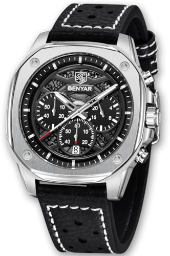 Benyar Montre chronographe pour Homme avec boîtier en Acier Inoxydable et Bracelet en Cuir PU, Triple sous-Cadrans et Date
